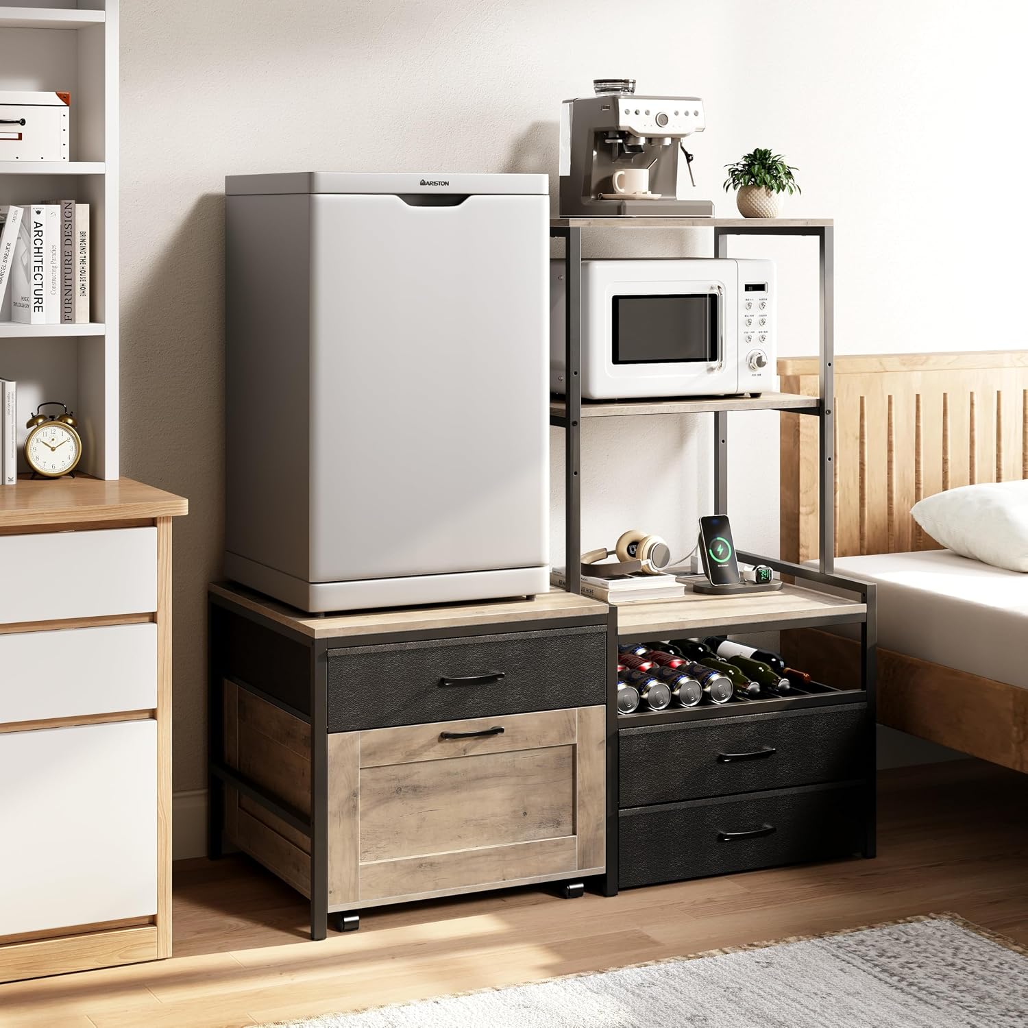 Herture Mini Fridge Stand with Wine Rack & Outlet, Kitchen Bakers Rack | Microwave Oven Stand, Coffee Bar, Movable Drawers, for Dorm,Office, Grey HB04BXZ