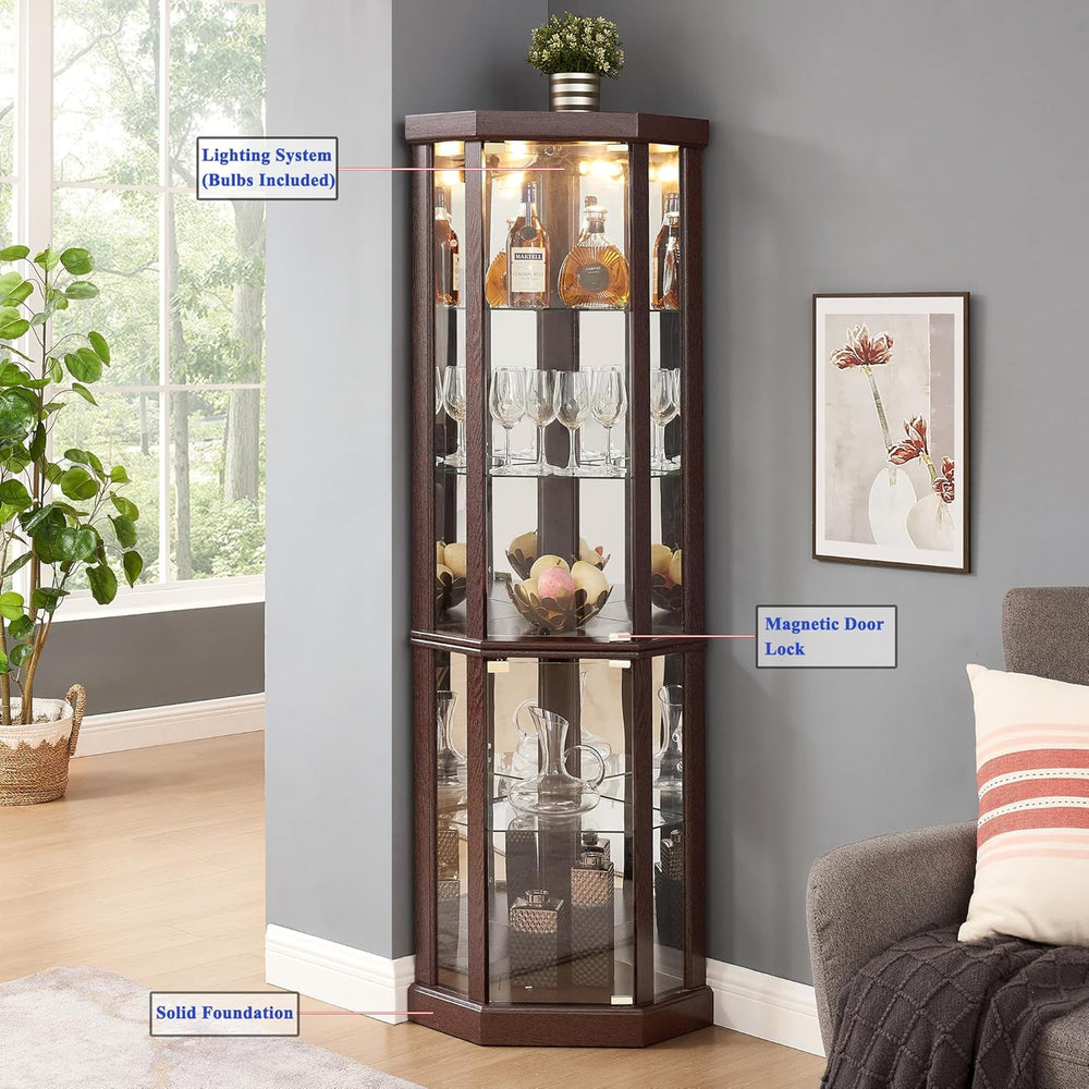 69" H Lighted Corner Display Cabinet, Curio Corner Glass Cabinet w/Adjus...