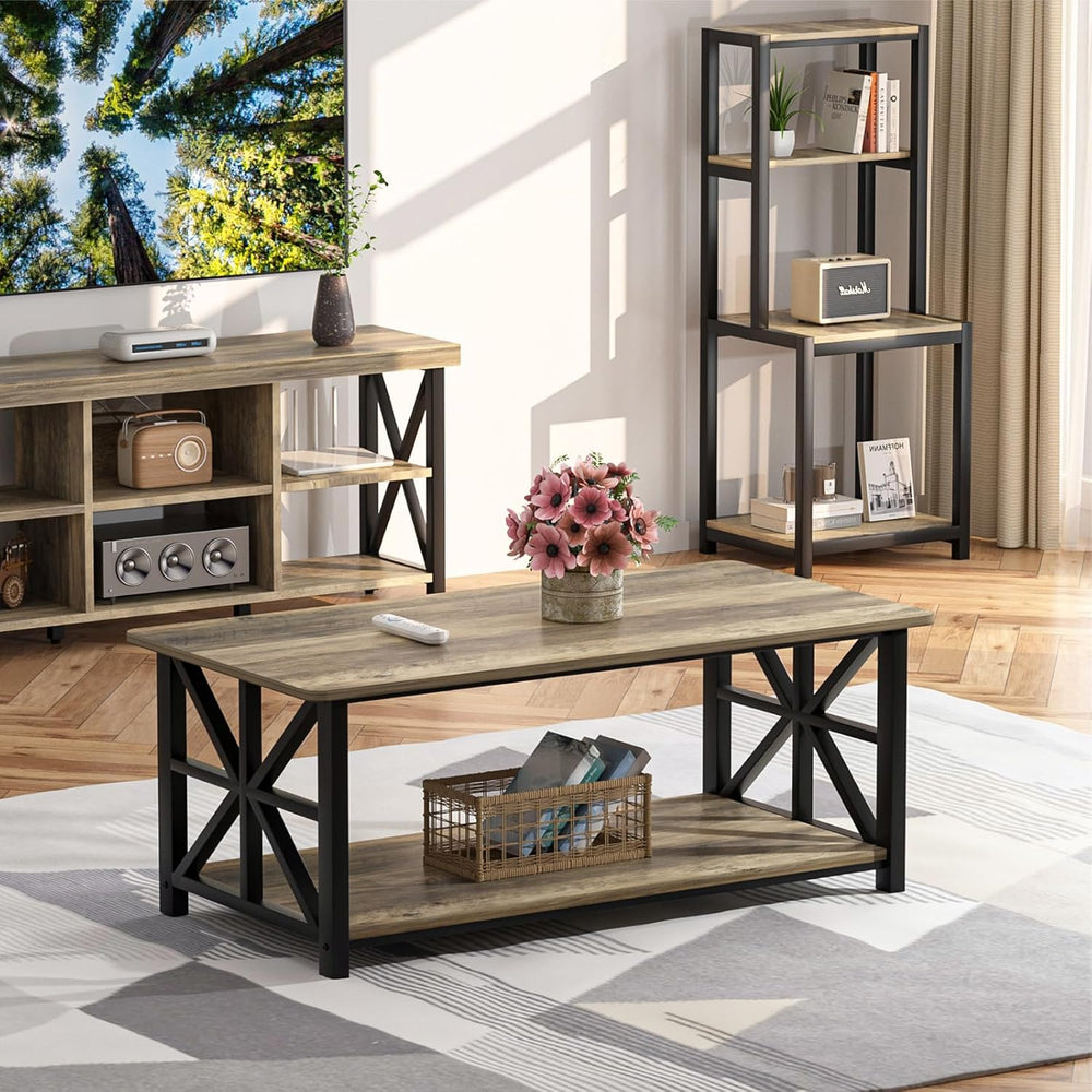 GreenForest Coffee Table for Living Room with Round Corners Farmhouse Style C...