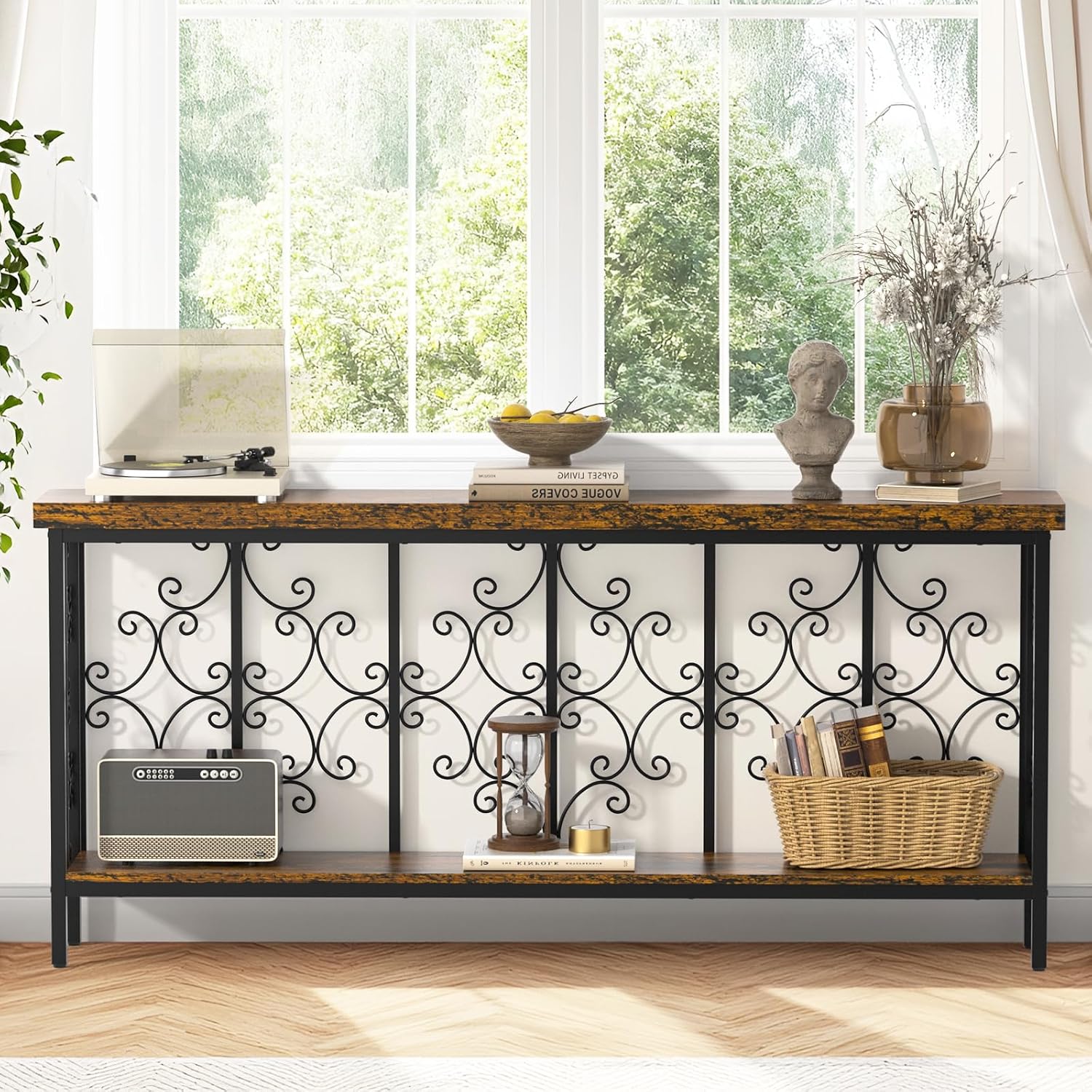 ikkle 70.9" Narrow Sofa Table Behind Couch with 2-Tier Storage Shelf. | Industrial Console Table with Auspicious Cloud Design and Premium Water-Resistant Wood Finish.Fit for Entryway, Living Room.