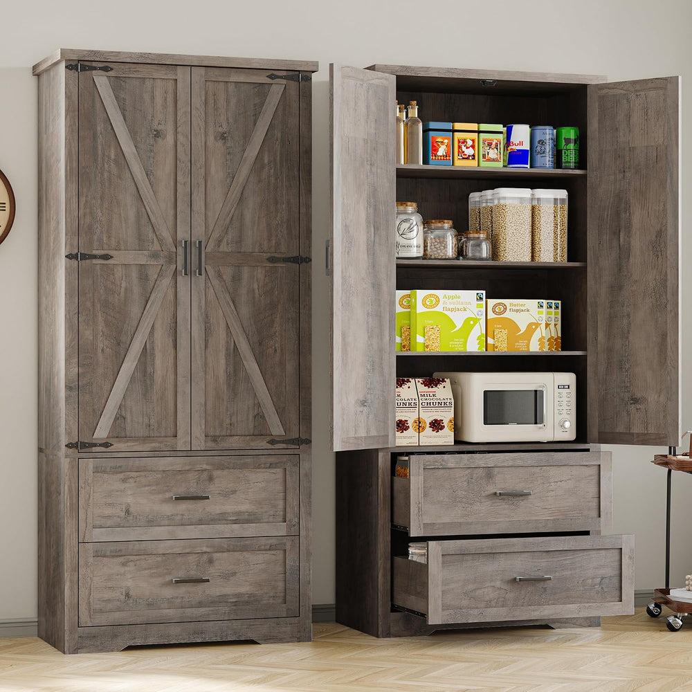 BORNOON Pantry Organizers and Storage Cabinet, 71” Barn Door White Kitchen Ca...