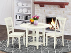 East West Furniture SUDA3-LWH-W 3 Piece Dining Room Table Set Contains a Round Dining Table with Dropleaf & Shelves and 2 Wood Seat Chairs, 42x42 Inch, Linen White