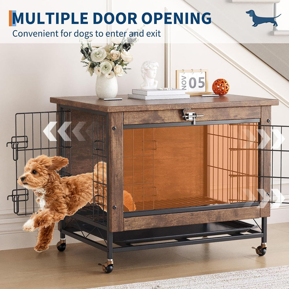 Rustic Brown Wooden Dog Crate End Table with Dual Doors & Lockable Wheels...