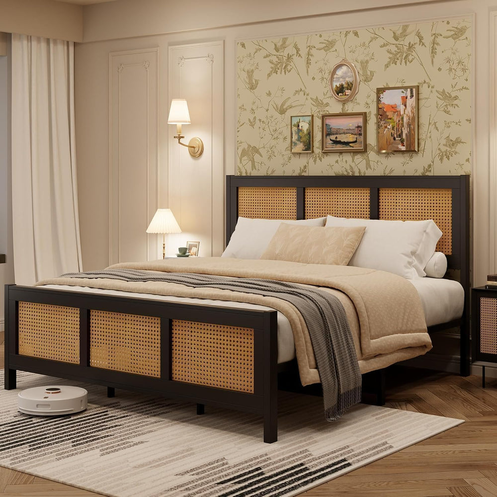 GarveeHome Rattan Full Size Bed Frame with Headboard, Black