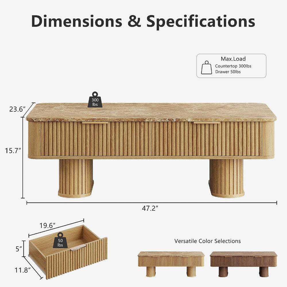 win2win Rectangle Coffee Table with Storage, Faux Marble Top, Boho,Oak