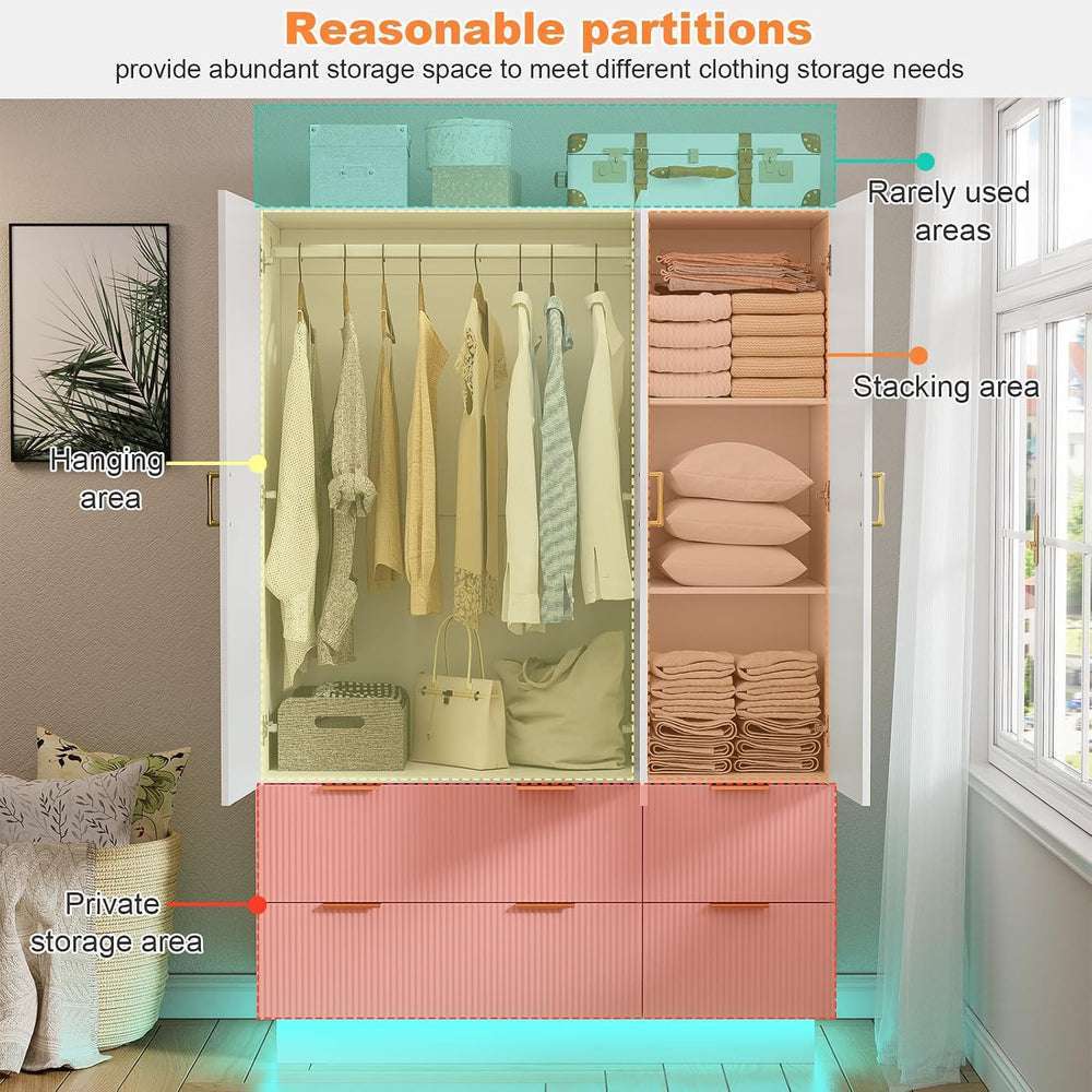 PAKASEPT Armoire Wardrobe Closet with 3 Door, Mirror, LED Lights | Hanging Ro...
