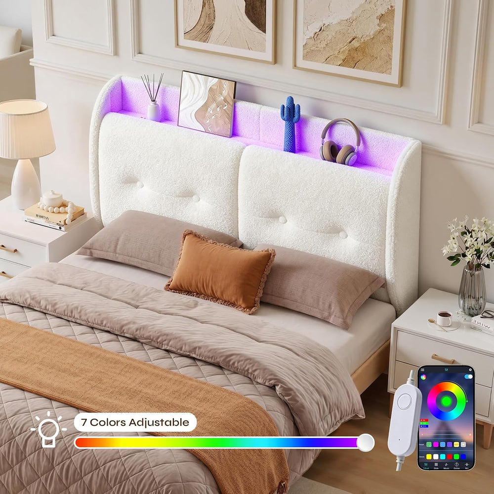 Pinmoco Queen LED Wingback Headboard with Storage & Charging, White