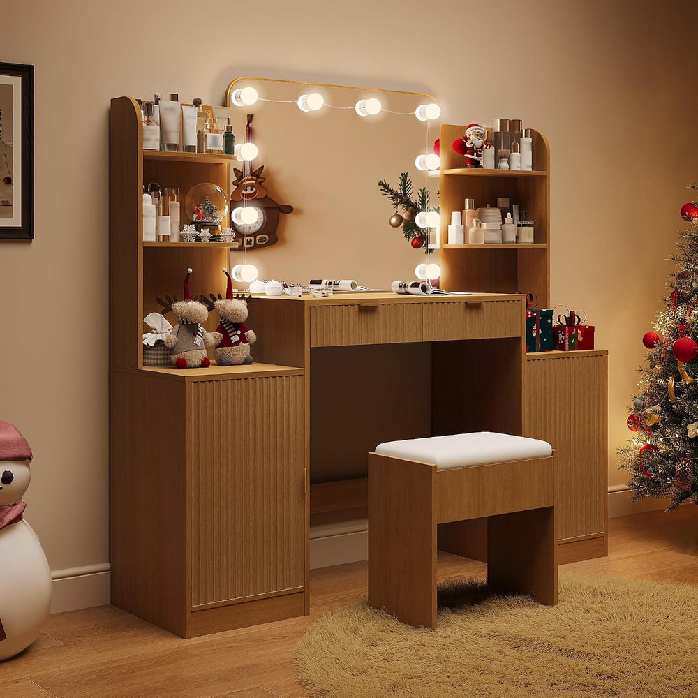 wanan Fluted Vanity, Large Vanity Set with Chair, Outlet, Mirror & Lights...