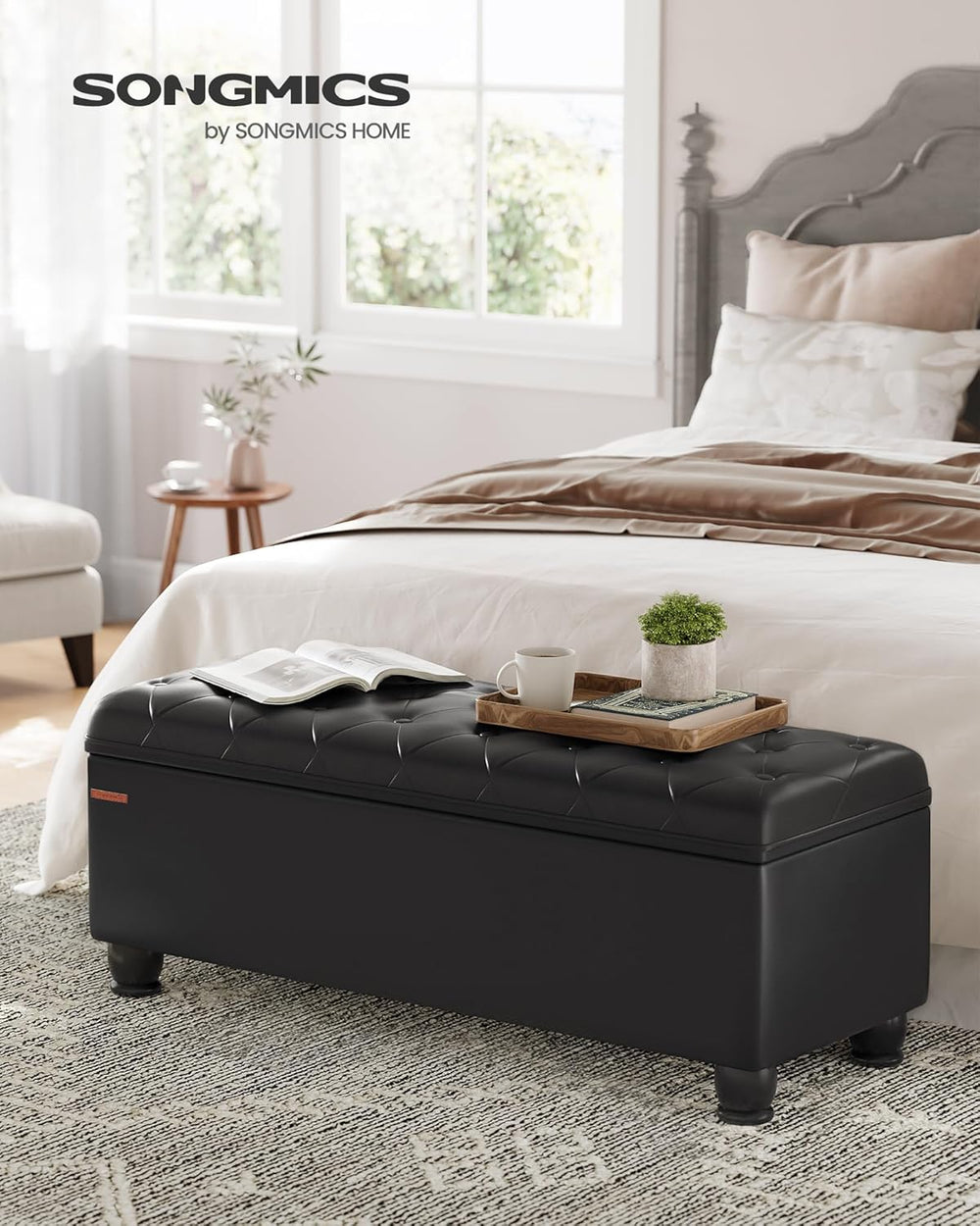 SONGMICS Storage Ottoman, 46.5 Inches Long Bed End Stool, Solid Wood Legs | B...