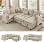 112'' Sectional Sleeper Sofa with Pull Out Bed, U Shaped 7 Seater Modular Sectional Sofa with Storage Chaise, Modern Sectional Sofas & Couches with 4 Pillows, Chenille Sofa Bed for Living Room, Camel