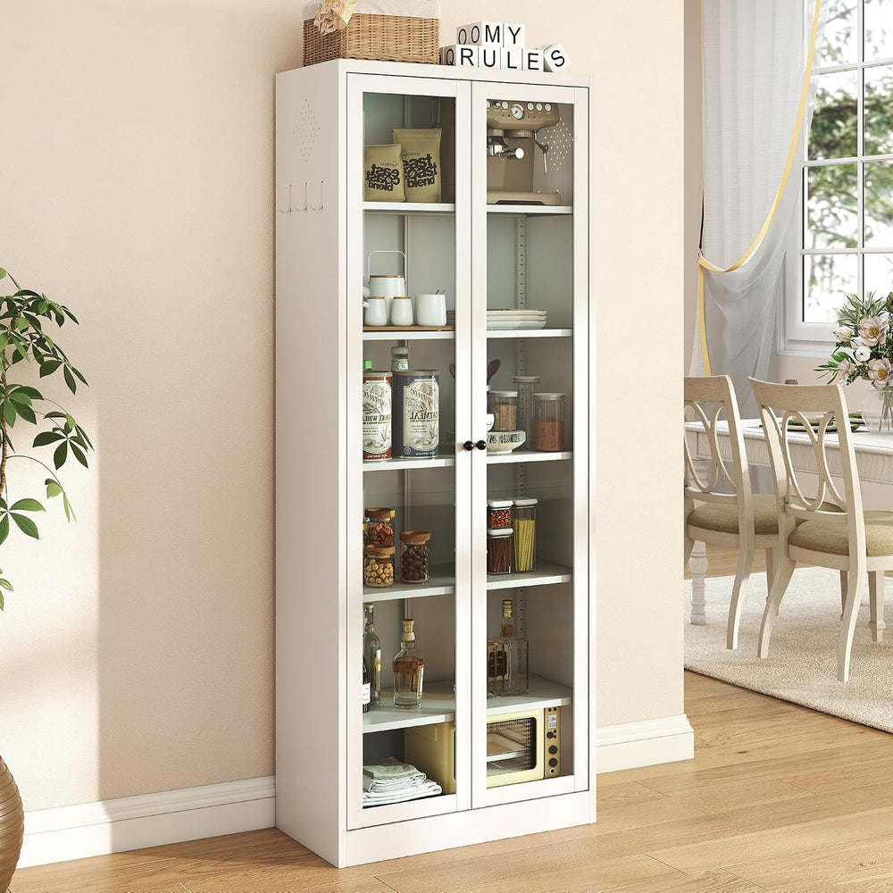 Metal Kitchen Pantry Cabinet - 72" Tall Sideboard Storage Case with Glas...