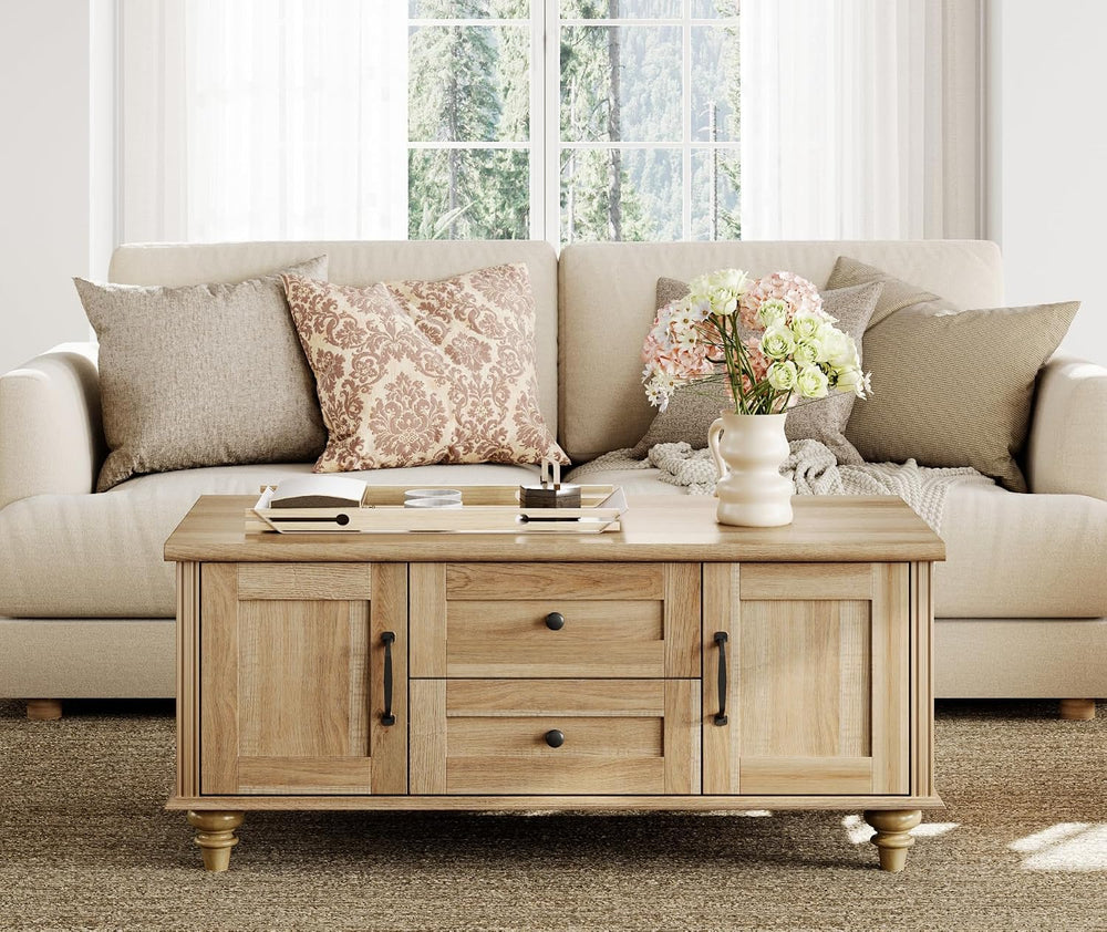 WAMPAT Oak Coffee Table with Drawer & Storage Cabinet, Farmhouse Rustic C...