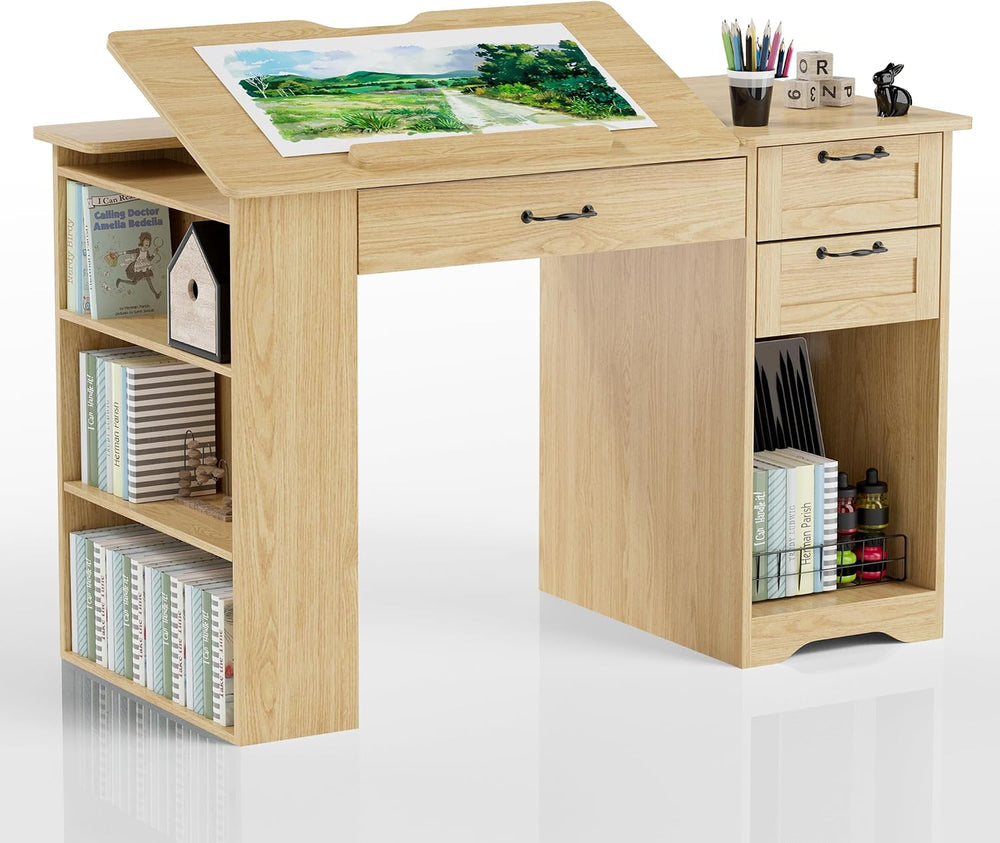 Drafting Table with Storage Cabinet & Drawers, Adjustable Drawing Table w...
