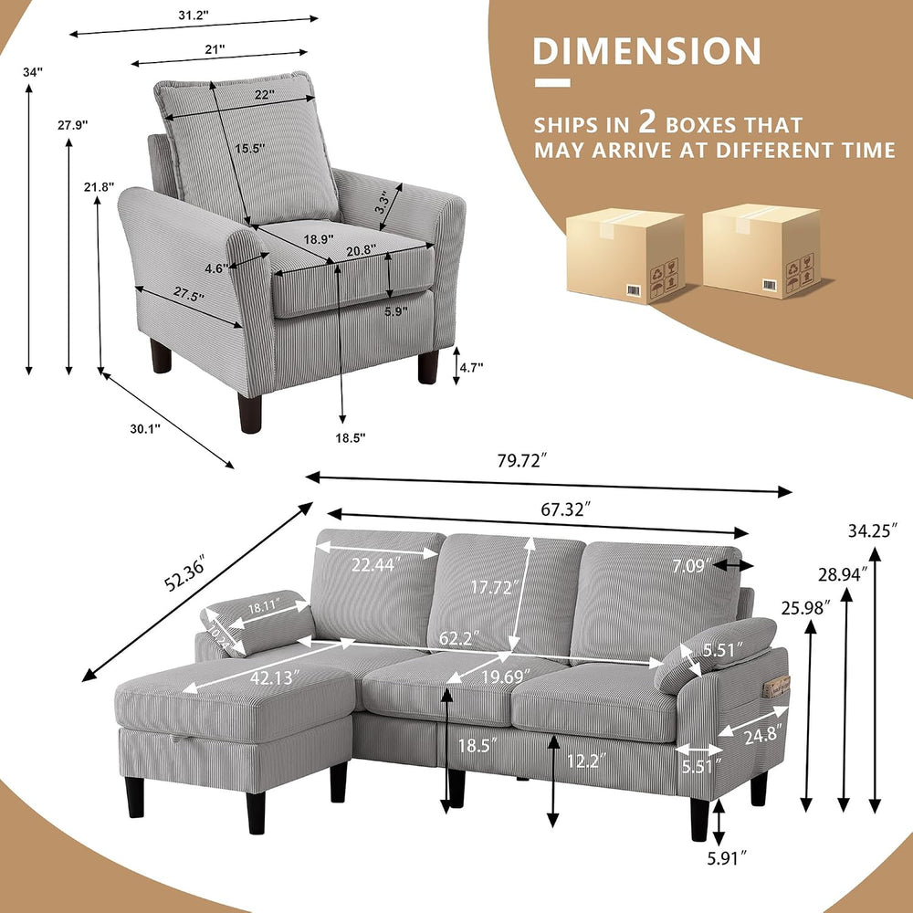 3 Pieces Corduroy Sofa Set for Living Room with Sofa, Storage Ottoman and Sin...