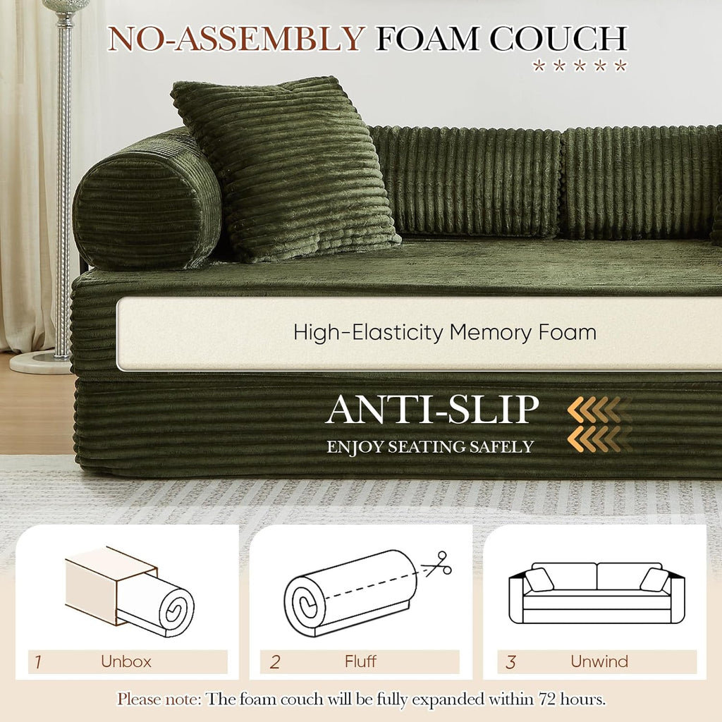 Antetek Modular Couch Bed, Convertible Folding Plush Corduroy Comfy Floor Compression Loveseat Sleeper Sofa Couch, King Size Bed for Guest Room Living Room Bedroom, No Assembly Required, Green