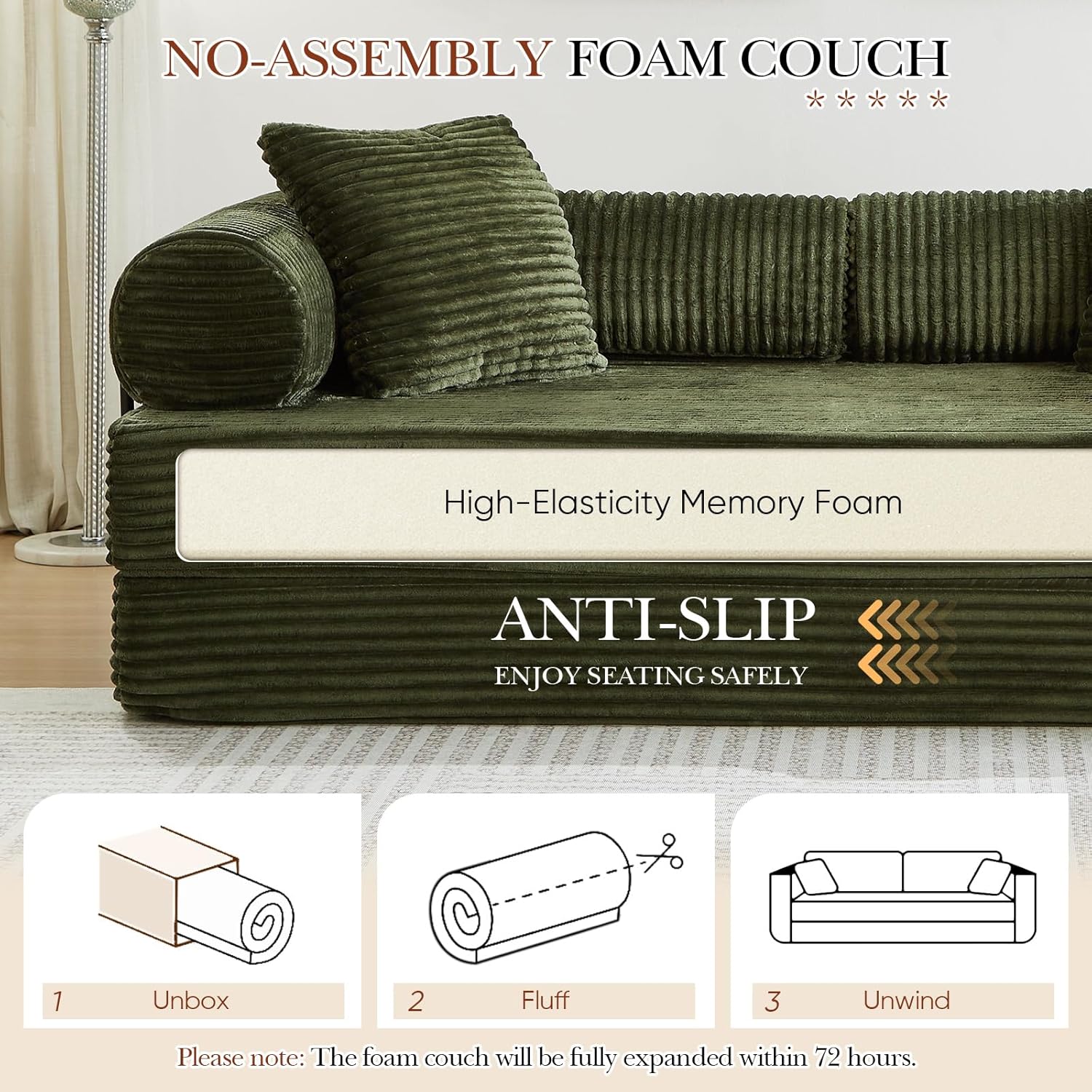 Antetek Modular Couch Bed, Convertible Folding Plush Corduroy Comfy Floor Compression Loveseat Sleeper Sofa Couch, King Size Bed for Guest Room Living Room Bedroom, No Assembly Required, Green