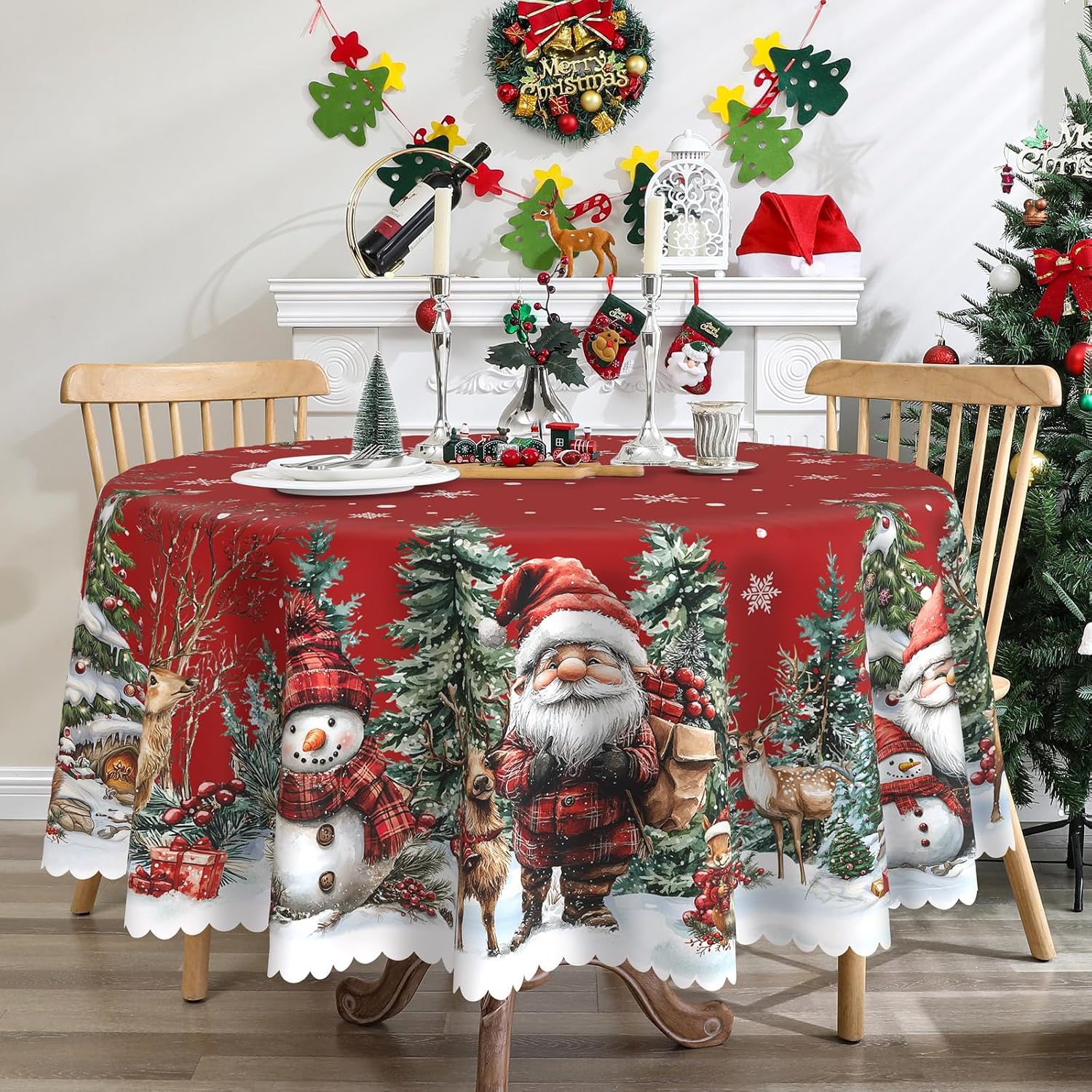 Round Christmas Tablecloth 70 inches - Santa Christmas Decor | Water Resistant Santa and Snowman Table Cloth - Holiday Xmas Decorations for Table, Party