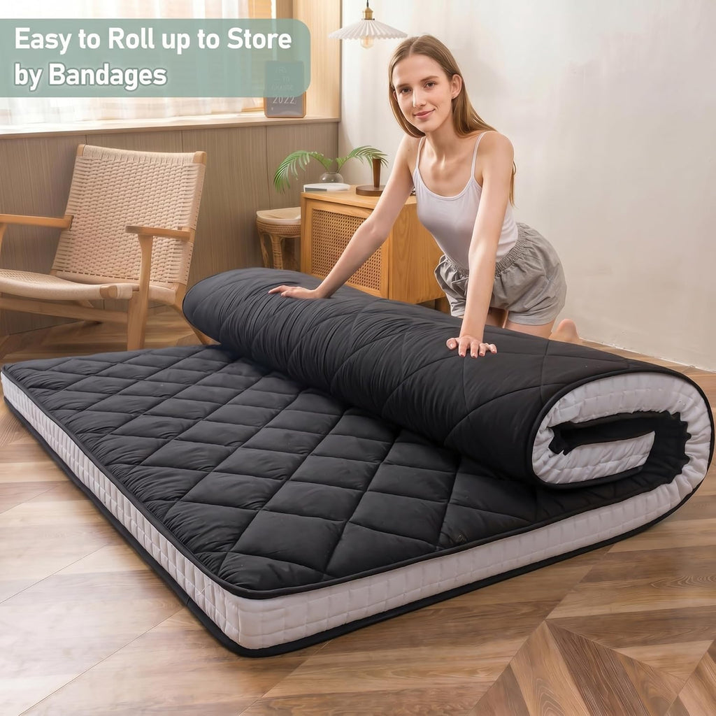 MAXYOYO Japanese Floor Futon Mattress King Size, Floor Futon for Adults, Roll Up Folding Mattress, Diamond Patterned Japanese Futon Mat, Black