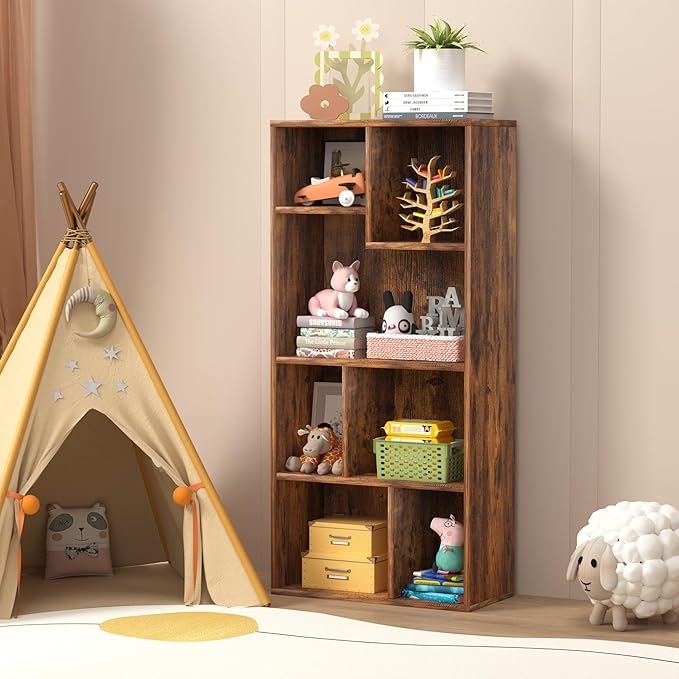 VECELO 42" Modern Bookshelf, 7 Cube Organizer Bookcase,Fits Tallest Hardcovers, Horizontal Available,Floor Standing Display,Easy Assembly, Vintage Brown