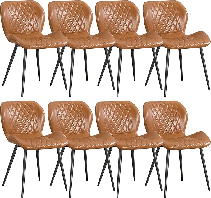 Dining Chairs Set of 8, Comfy Modern Dining Chairs with Thick Cushions, Upholstered Faux Leather Kitchen Side Chairs with Adjustable Metal Legs for Dining Room (Caramel)