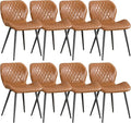 Dining Chairs Set of 8, Comfy Modern Dining Chairs with Thick Cushions, Upholstered Faux Leather Kitchen Side Chairs with Adjustable Metal Legs for Dining Room (Caramel)