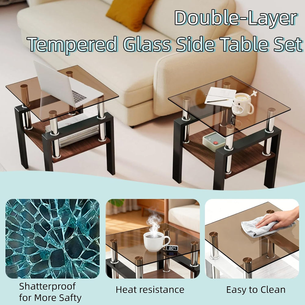 17.72'' Glass Side Table Set of 2, 2 Tier Couch End Table with Temper...