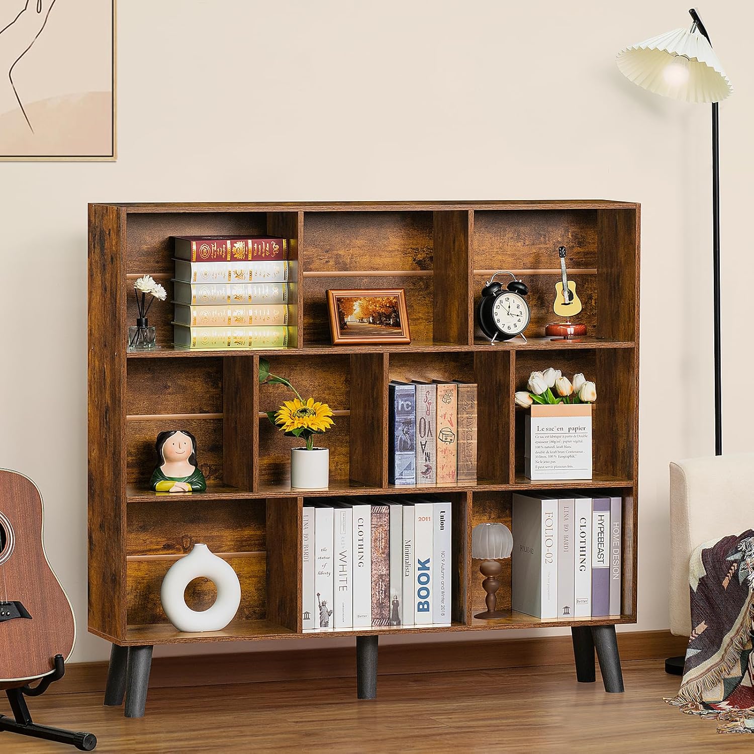 LEYAOYAO 10 Cube Bookshelf,3 Tier Modern Wide Bookcase with Legs,Mid-Century Wood Bookshelves Storage，Brown Large Book Case,Freestanding Organizer Display Shelf for Bedroom,Living Room,Office