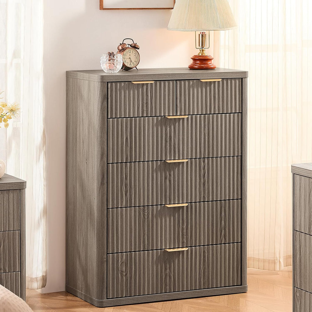 LEYAOYAO Fluted 6 Drawers Dresser for Bedroom Set of 2, 42" Tall Modern Chest of Drawers with Metal Handle, Curved Profile Design,Grey Wood Drawer Organizer for Bedroom, Living Room, Hallway