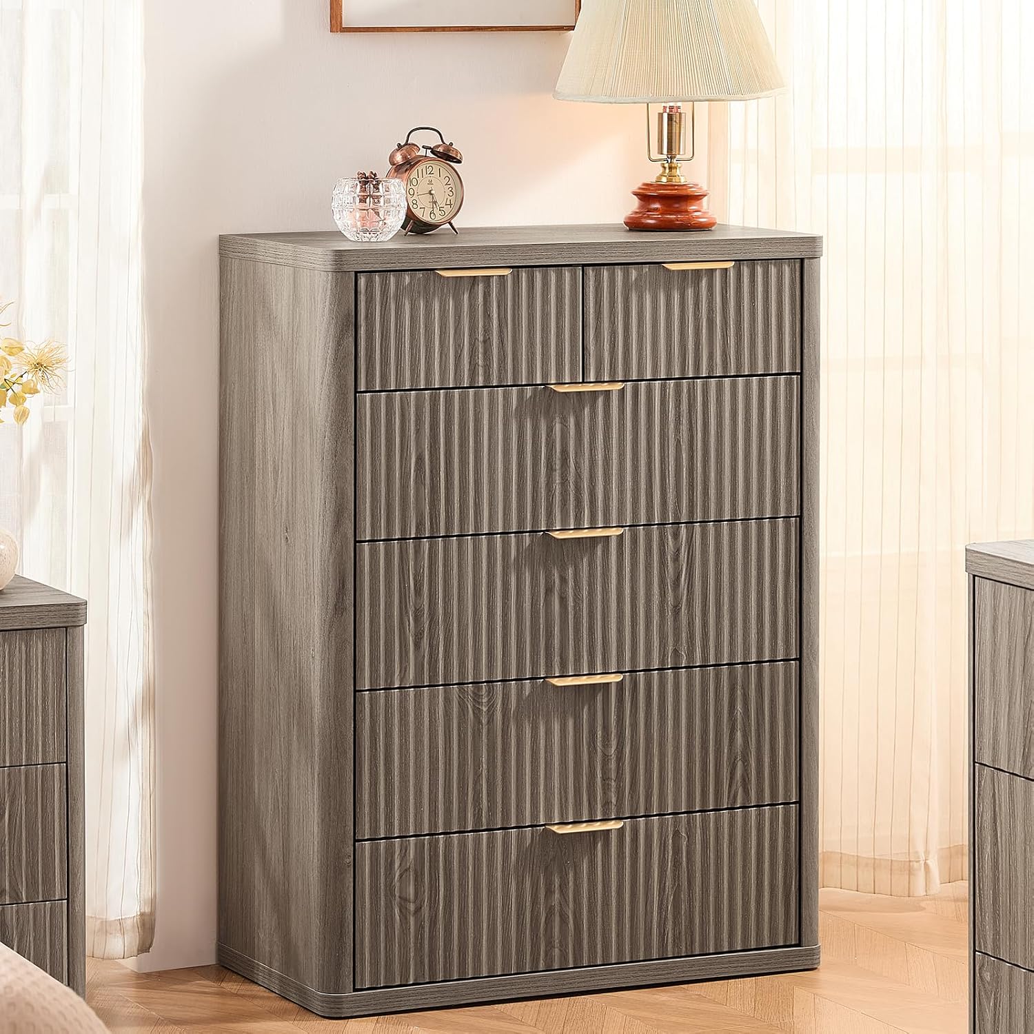 LEYAOYAO Fluted 6 Drawers Dresser for Bedroom Set of 2, 42" Tall Modern Chest of Drawers with Metal Handle, Curved Profile Design,Grey Wood Drawer Organizer for Bedroom, Living Room, Hallway