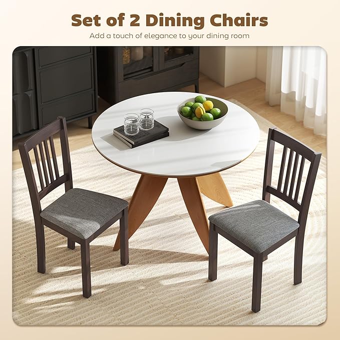 HOMCOM Dining Chairs Set of 2, Solid Wood Kitchen Chairs, Mid Century Modern Linen Fabric Upholstered for Dining Room, Living Room, Espresso Frame and Gray Upholstery