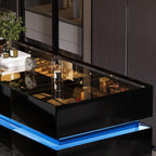 Luxury Glossy Closet Island with 16 Drawers, Modern Glass Top Wardrobe Armoire Island, LED Walk-in Closet Island for for Dressing Room Cloakroom (Black)