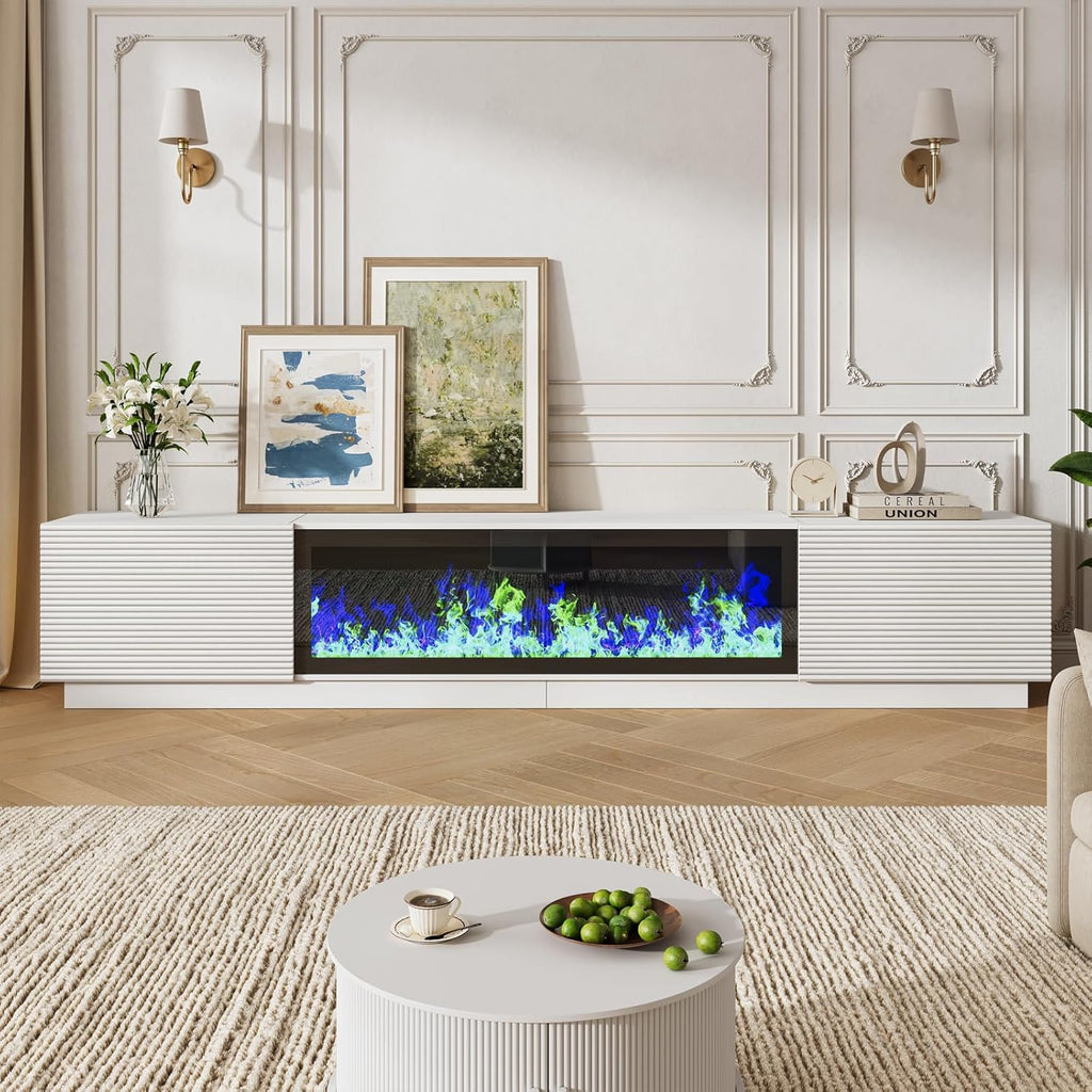 94.5" Fireplace TV Stand, Fluted TV Stands for Living Room, White | Entertainment Center with Unheated Electric Fireplace, 5 Flame Brightness & 12 Colors, Modern TV Consoles for Living Room
