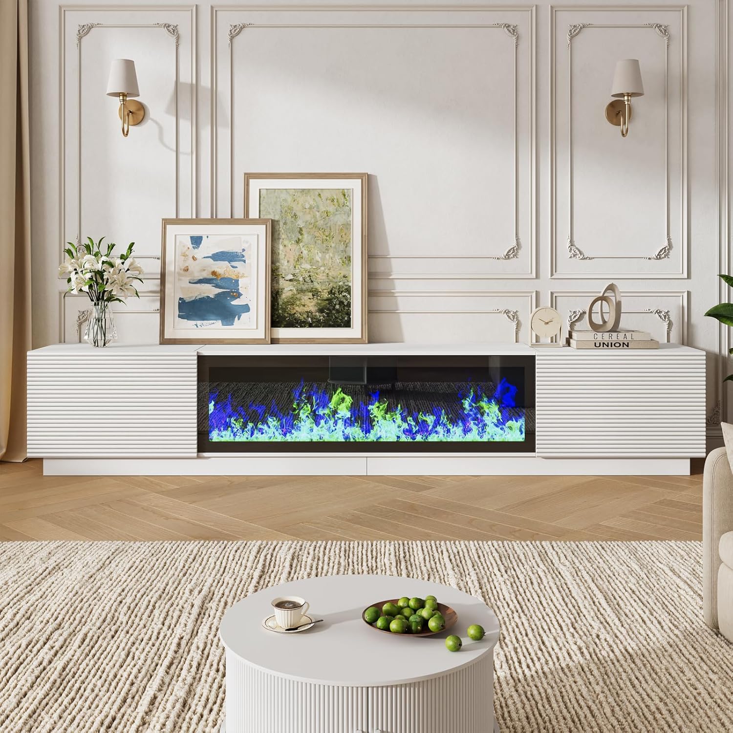 94.5" Fireplace TV Stand, Fluted TV Stands for Living Room, White | Entertainment Center with Unheated Electric Fireplace, 5 Flame Brightness & 12 Colors, Modern TV Consoles for Living Room