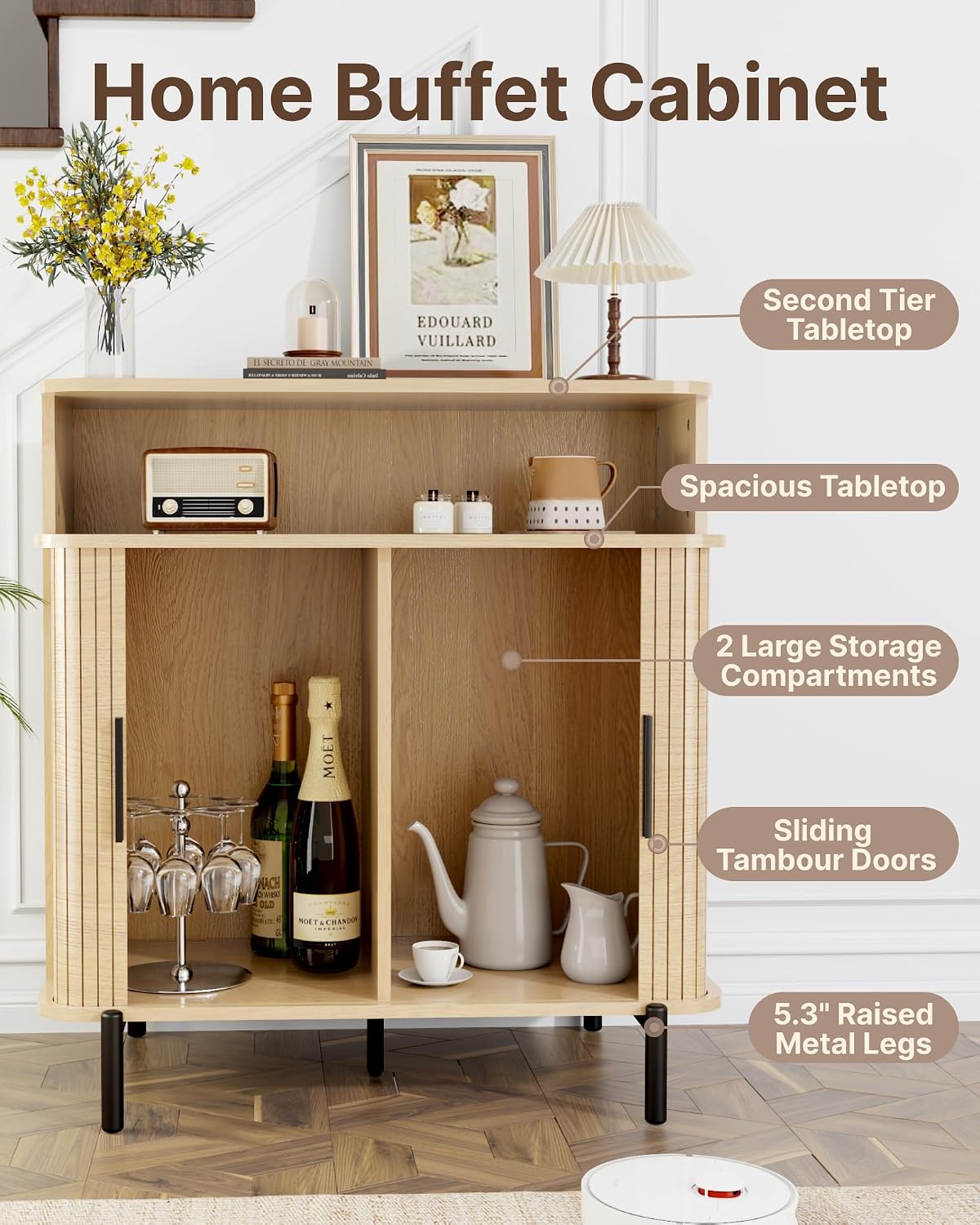 SUNCOZE Buffet Sideboard Cabinet with Big Storage Space Set of 2, Fluted Coffee Bar Cabinet with Shelves, Modern Wood Console Cabinet for Kitchen, Entryway & Living Room (Wood)