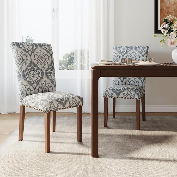 Stylish Dining Chairs Set of 2, Upholstered Parsons Dining Room Chair with Nailhead Trim, Kitchen Room Chair with Thick Cushions and Wood Legs, Nailhead Trim, SKY2050A-03