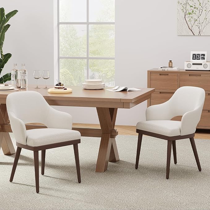 Wooden Dining Chairs Set of 2, Modern Fabric Upholstered Dining Room Chair, Kitchen Side Chairs, Farmhouse Dinner Chair with Open Back for Kitchen, Beige