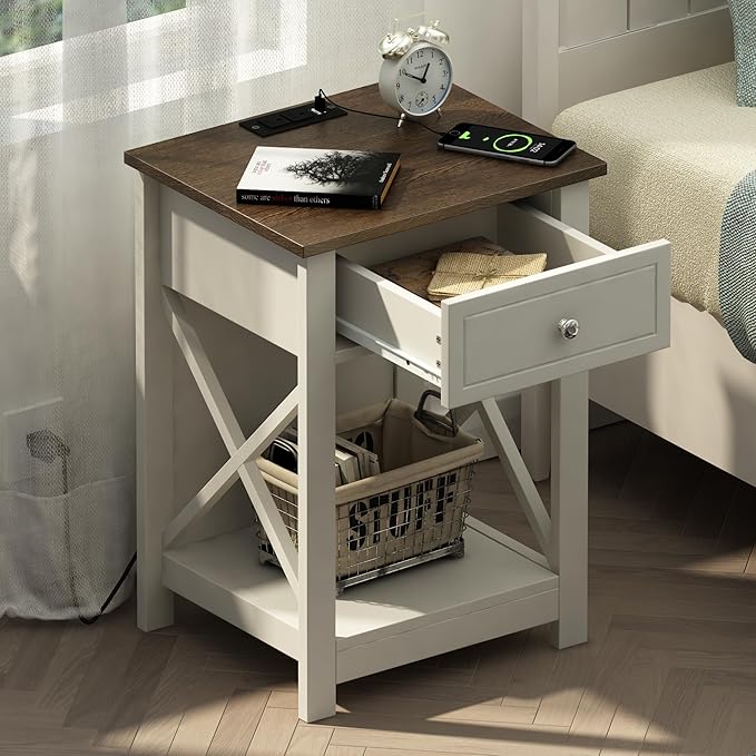 Treocho Farmhouse White with Charging Station, X-Design End Side Table with 2 AC and USB Power Outlets, Small Night Stand with Storage Drawer and Open Shelf for Bedroom,Farmhouse White