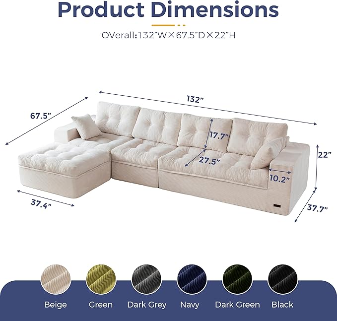 MAXYOYO 132" L Shaped Modular Sectional Sofa with Ottoman, Cloud Boneless Couch with Layered Cushion, Upholstered Sofa in a Box, Flexible Module Combination for Living Room, No Assembly, Beige