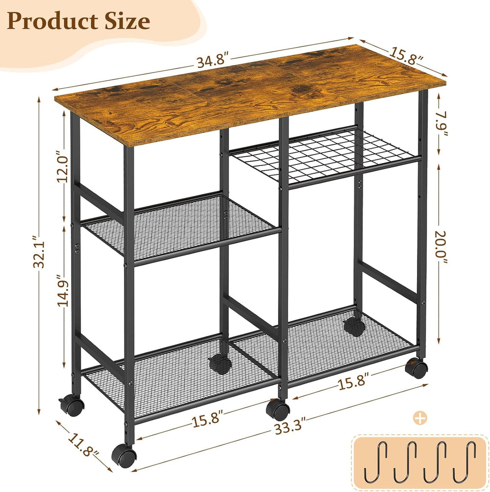 ThreeHio Rolling Kitchen Microwave Cart, 3-Tier Microwave Stand with Adjustab...