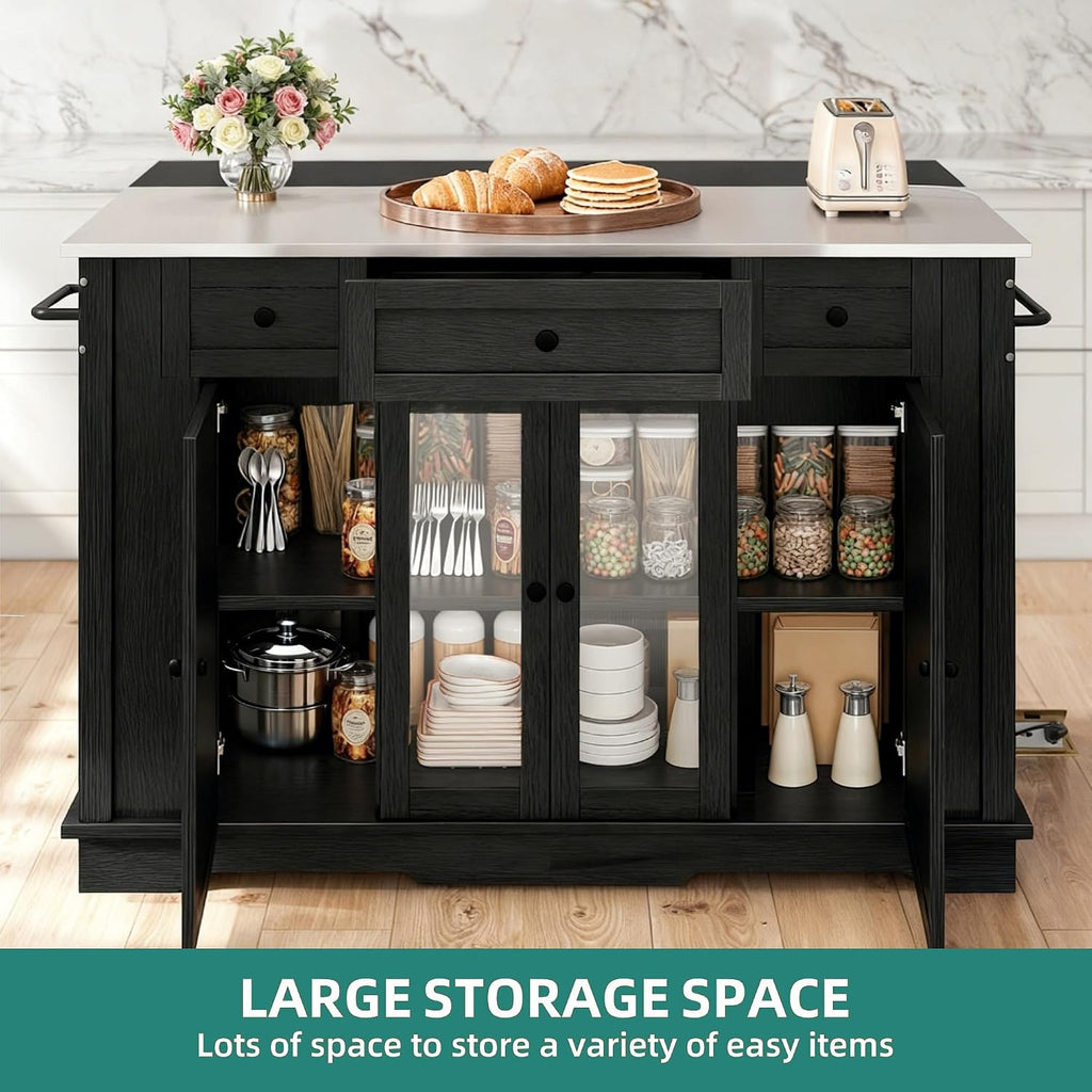 YITAHOME 60 Inch Kitchen Island with Drop Leaf | Mobile Stroage Islands with Stainless Steel Top, Rolling Island Table with Power Outlet, Adjustable Shelves, Spice Rack