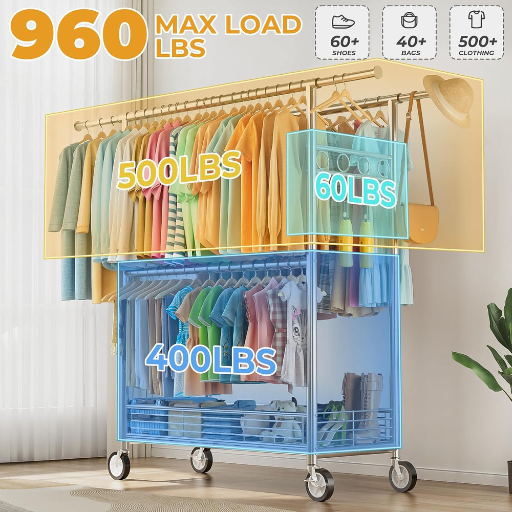 Heavy Duty Clothes Rack Load 960LBS, Three Rods Rolling Clothing Racks for Ha...