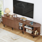 86.6" TV Stand with Power Outlet, Mid-Century Modern Television Stand, Fluted Media Console with Sliding Doors, Entertainment Center for TVs up to 90 Inch, Adjustable Shelves, Walnut