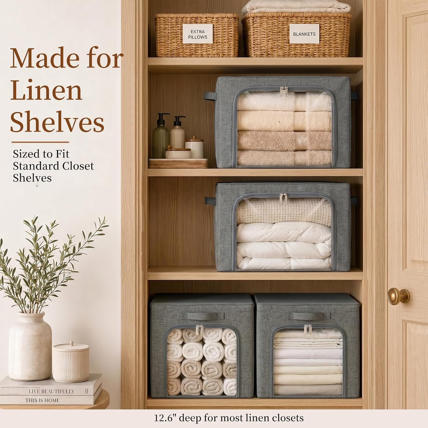 GoMaihe 3 Opening Clothes Storage Bins with Metal Frame 3 Pack 40L Grey | Sweaters Hoodies Towel T-Shirt, Closet Top Shelf Linen Closet Organizer, Stackable Collapse-Proof, Clear Window, Dual Access