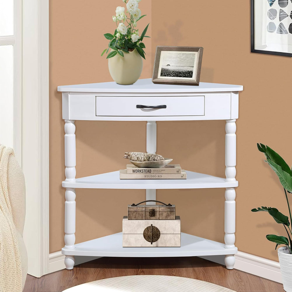 Small Triangle Corner Table Wood Corner Side Tables with Drawer & 2 Open ...