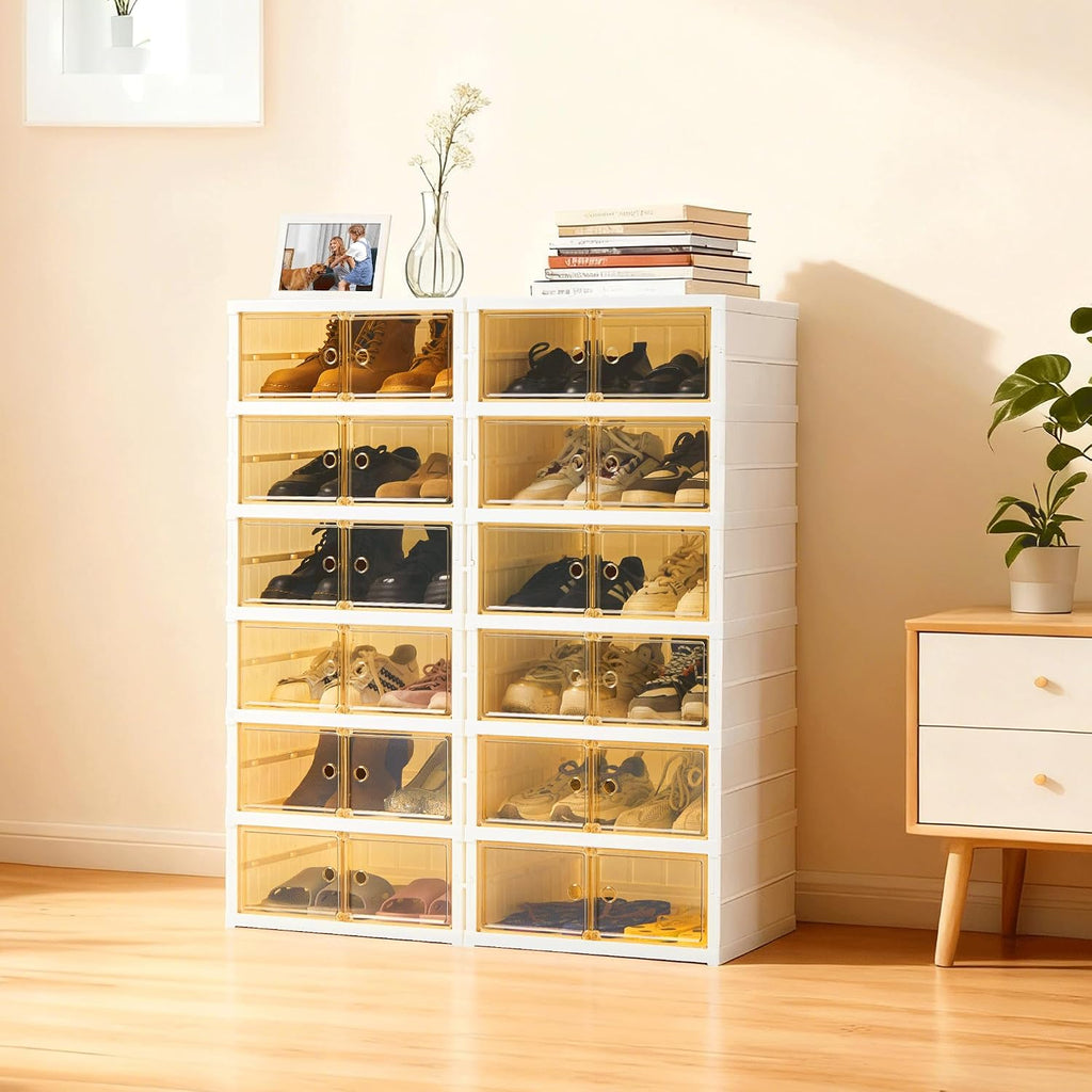 Folding Shoe Rack Storage Device,Large Plastic Folding Shoe Cabinet, Easy to Assemble Shoe Rack Storage Cabinet with Transparent Door Magnetic Buckle (6 Layers, 2 Groups, 24 Pairs)