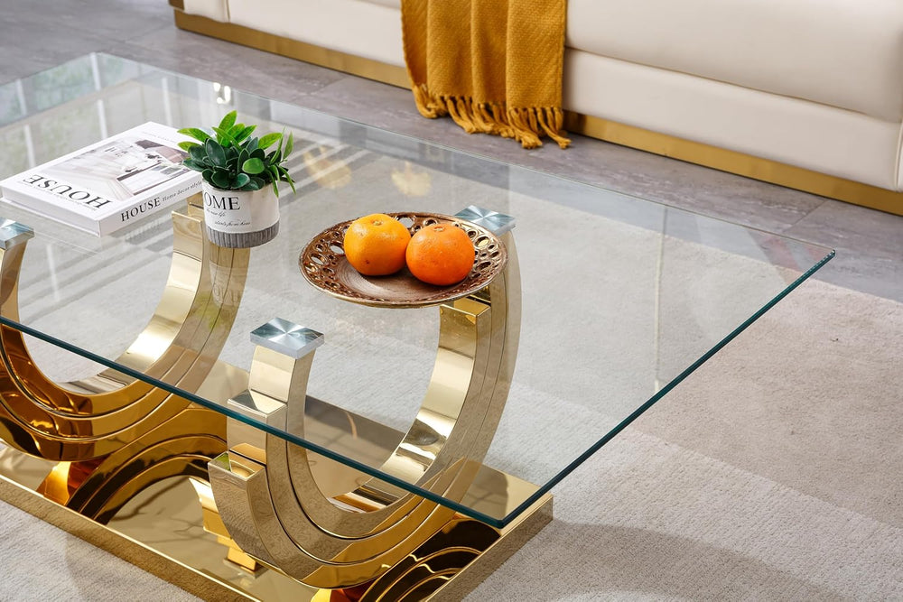 HomVent Glass Coffee Table with Gold Stainless Steel Base | 47"Rectangul...