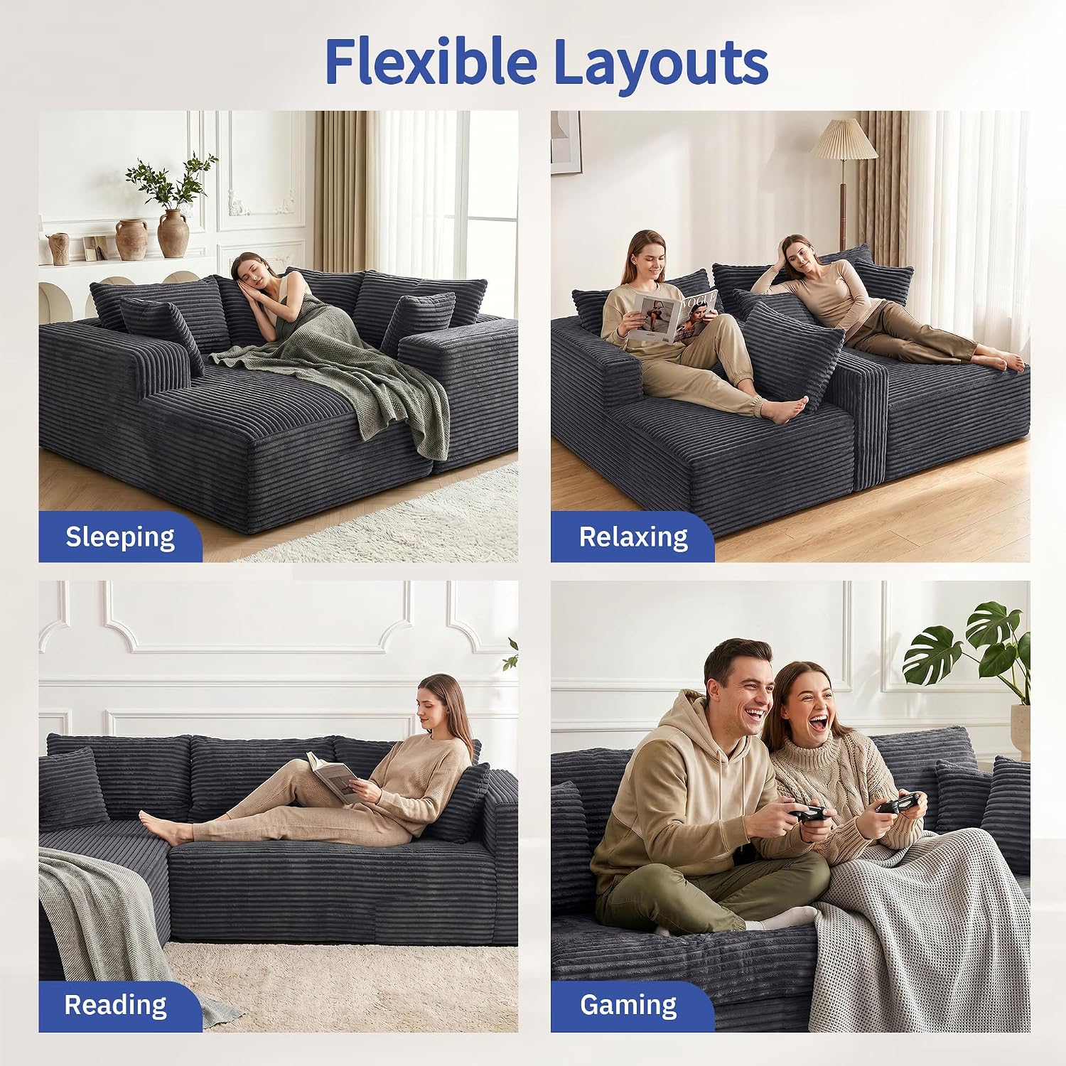 Grey Oversized Sectional Boneless Couch for Living Room. Right Face Chaise | L shaped modular sofa, Cloud soft cushion with foam, Breathable pet-friendly, Side storage pocket, No assembly required.