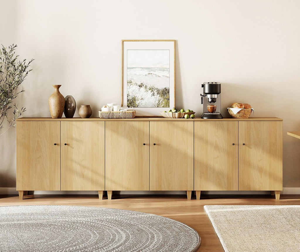 WAMPAT Modern Large Sideboards Credenza Storage Cabinets, 3 Pieces, Oak | 106" Wide Buffet Table w/ Doors & Shelves, Mid Century Tall Media Console, Wood Kitchen Coffee Bar for Living Room, Hallway