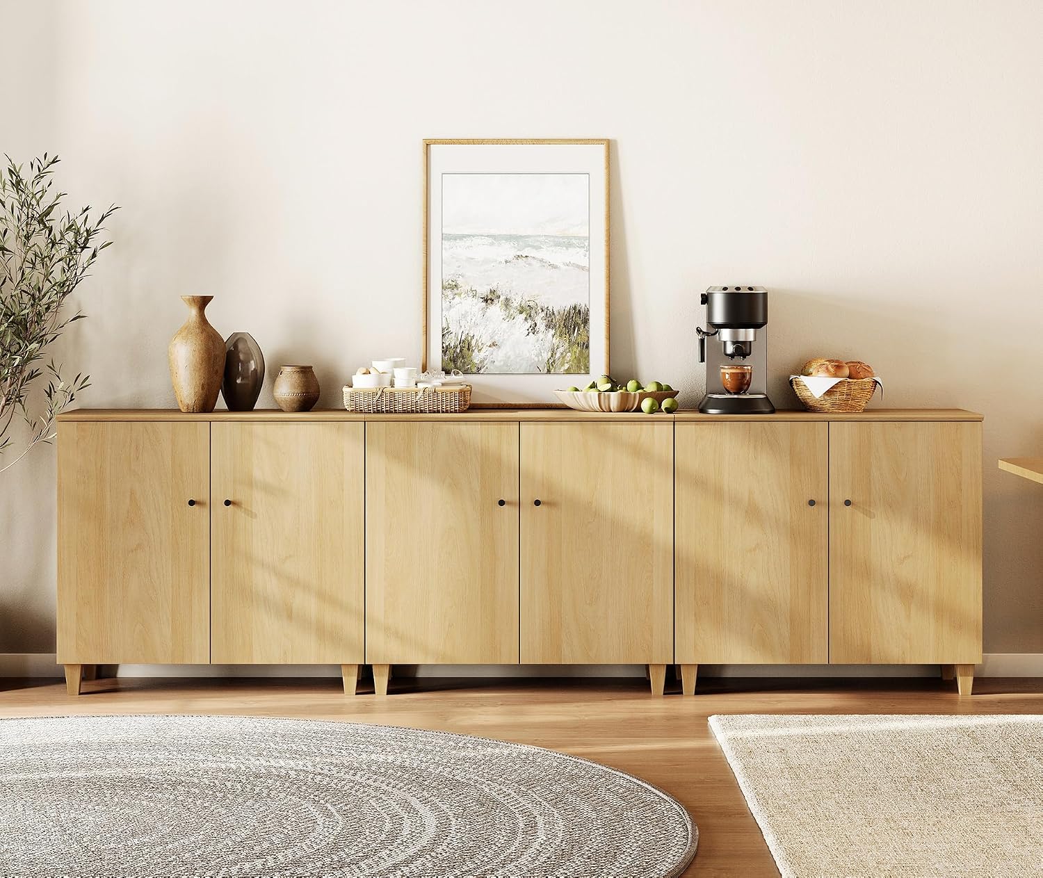 WAMPAT Modern Large Sideboards Credenza Storage Cabinets, 3 Pieces, Oak | 106" Wide Buffet Table w/ Doors & Shelves, Mid Century Tall Media Console, Wood Kitchen Coffee Bar for Living Room, Hallway