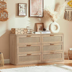 LEYAOYAO Rattan 6 Drawer Dresser for Bedroom, Boho 54" Wide Natural Wood Dresser Chest of Drawers, Dressers TV Stand with Metal Handle, Storage Dressers Closet Organizer for Living Room, Hallway